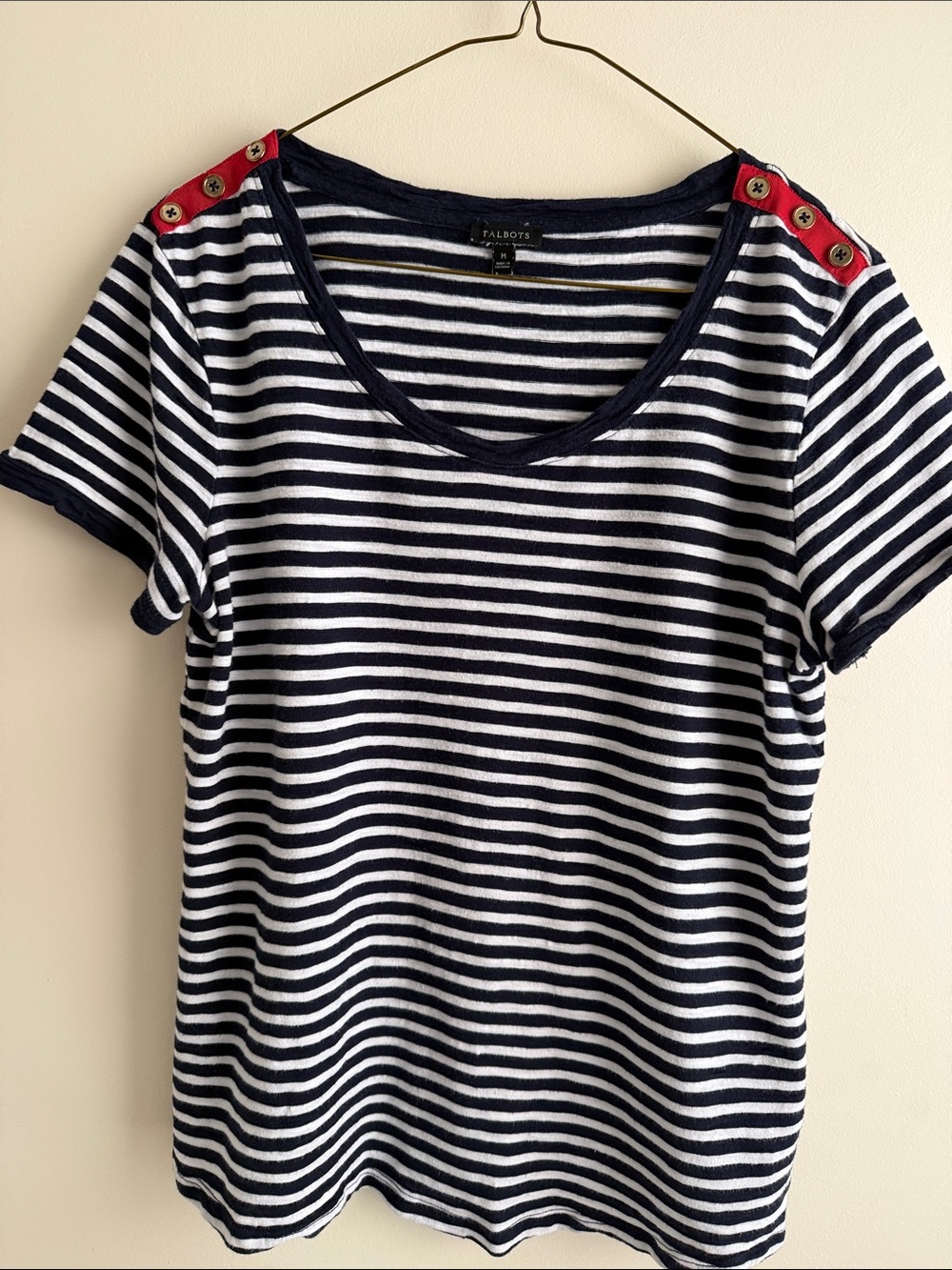 Talbots Navy and White Striped Short Sleeve Tee with Red Shoulder Tabs